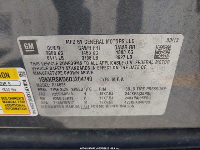 Aukcja sprzedaży 2013 Gmc Acadia Slt-2, vin: 1GKKRSKD8DJ204740, numer aukcji: 45145692