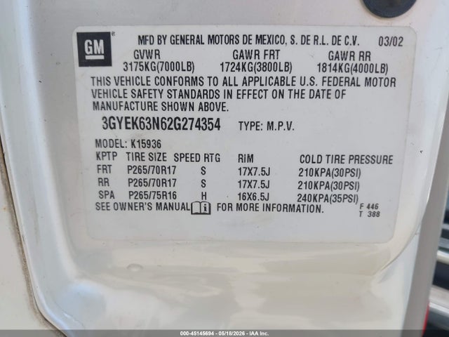 45145694 :رقم المزاد ، 3GYEK63N62G274354 vin ، 2002 Cadillac Escalade Ext Standard مزاد بيع