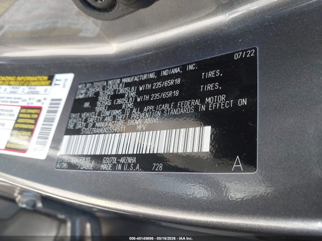 Aukcja sprzedaży 2022 Toyota Highlander Le, vin: 5TDZZRAH6NS554511, numer aukcji: 45145696