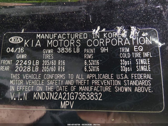 2016 Kia Soul მანქანა იყიდება აუქციონზე, vin: KNDJN2A21G7363832, აუქციონის ნომერი: 45145706
