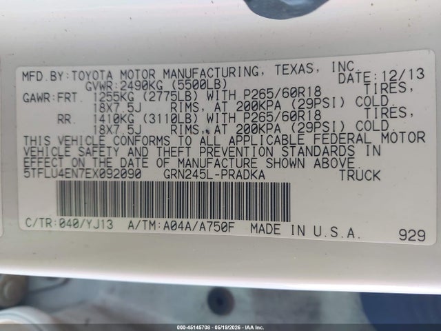 Продажа на аукционе авто 2014 Toyota Tacoma Base V6, vin: 5TFLU4EN7EX092090, номер лота: 45145708
