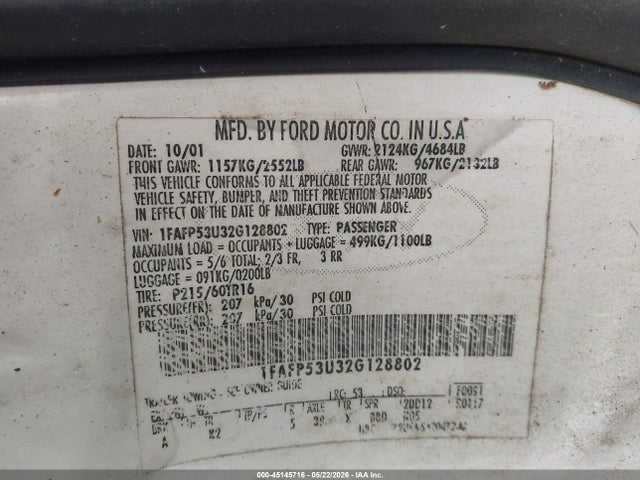 Продажа на аукционе авто 2002 Ford Taurus Se, vin: 1FAFP53U32G128802, номер лота: 45145716
