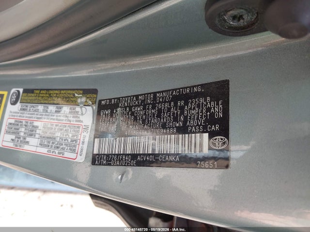 Продаж на аукціоні авто 2007 Toyota Camry Le, vin: 4T1BE46K97U694888, номер лоту: 45145720