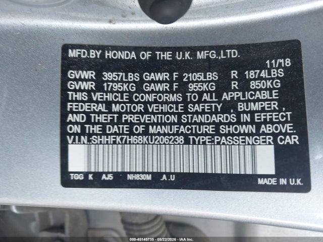 Продаж на аукціоні авто 2019 Honda Civic Ex, vin: SHHFK7H68KU206238, номер лоту: 45145735