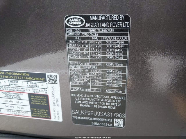 2025 Land Rover Range Rover P400 Se მანქანა იყიდება აუქციონზე, vin: SALKP9FU9SA317963, აუქციონის ნომერი: 45145739