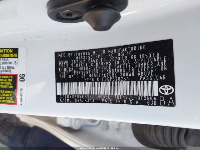 5YFBURHE2GP520251 Toyota COROLLA LE