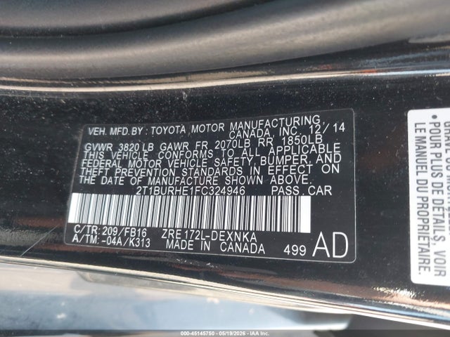 2015 Toyota Corolla Le Plus მანქანა იყიდება აუქციონზე, vin: 2T1BURHE1FC324946, აუქციონის ნომერი: 45145750