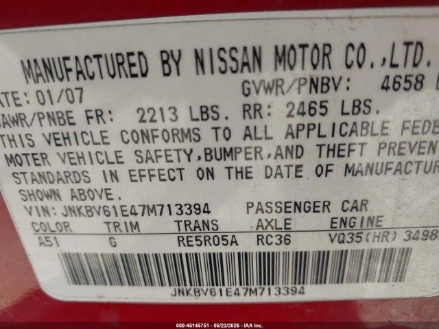 Aukcja sprzedaży 2007 Infiniti G35 Sport, vin: JNKBV61E47M713394, numer aukcji: 45145751