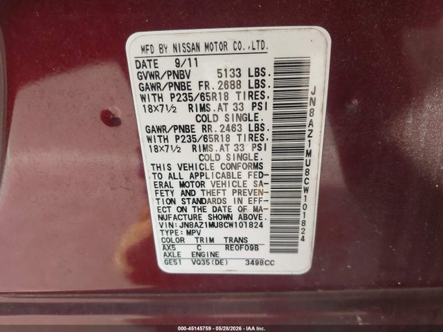 Aukcja sprzedaży 2012 Nissan Murano Sl, vin: JN8AZ1MU8CW101824, numer aukcji: 45145759