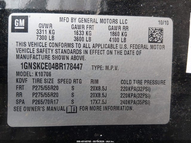 45145765 :رقم المزاد ، 1GNSKCE04BR178447 vin ، 2011 Chevrolet Tahoe Ltz مزاد بيع