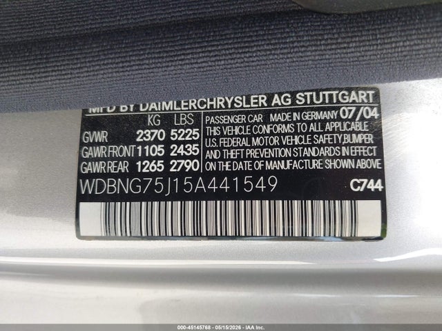 45145768 :رقم المزاد ، WDBNG75J15A441549 vin ، 2005 Mercedes-benz S 500 مزاد بيع