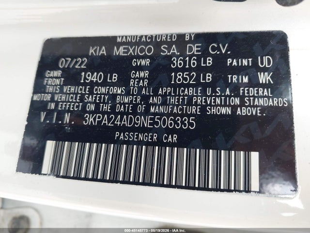 Aukcja sprzedaży 2022 Kia Rio S, vin: 3KPA24AD9NE506335, numer aukcji: 45145773