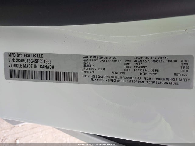 45145775 :رقم المزاد ، 2C4RC1BG4SR551992 vin ، 2025 Chrysler Pacifica Select مزاد بيع