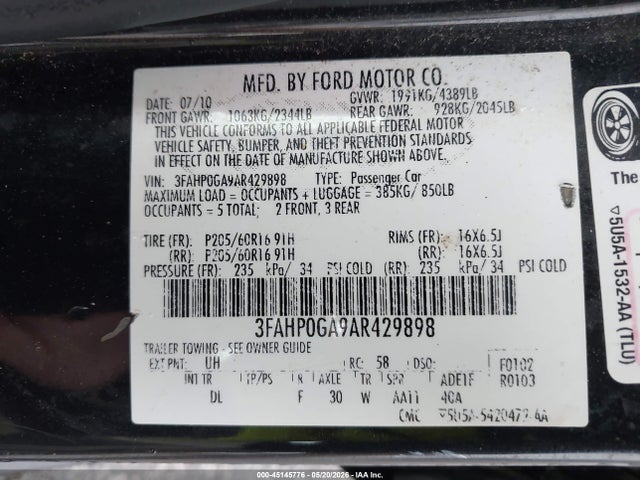Продаж на аукціоні авто 2010 Ford Fusion S, vin: 3FAHP0GA9AR429898, номер лоту: 45145776