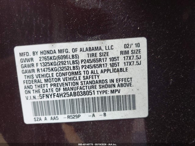 Продаж на аукціоні авто 2010 Honda Pilot Lx, vin: 5FNYF4H25AB038051, номер лоту: 45145778