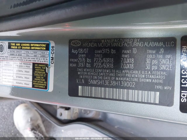 45145790 :رقم المزاد ، 5NMSH13E38H139002 vin ، 2008 Hyundai Santa Fe Limited/se مزاد بيع