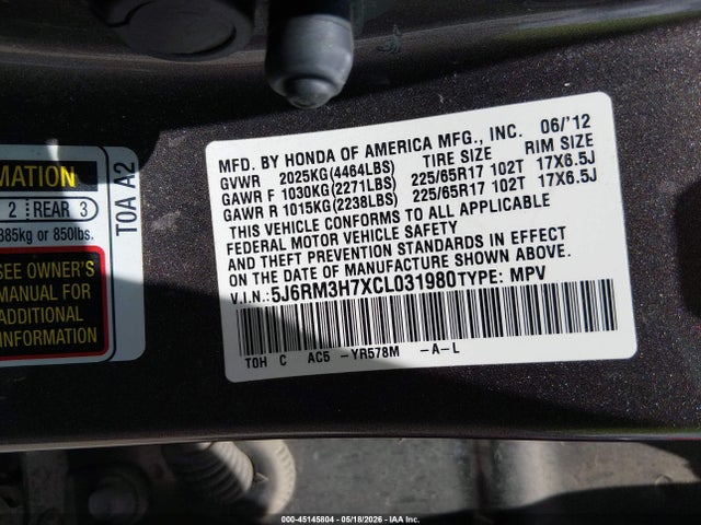 Aukcja sprzedaży 2012 Honda Cr-v Ex-l, vin: 5J6RM3H7XCL031980, numer aukcji: 45145804
