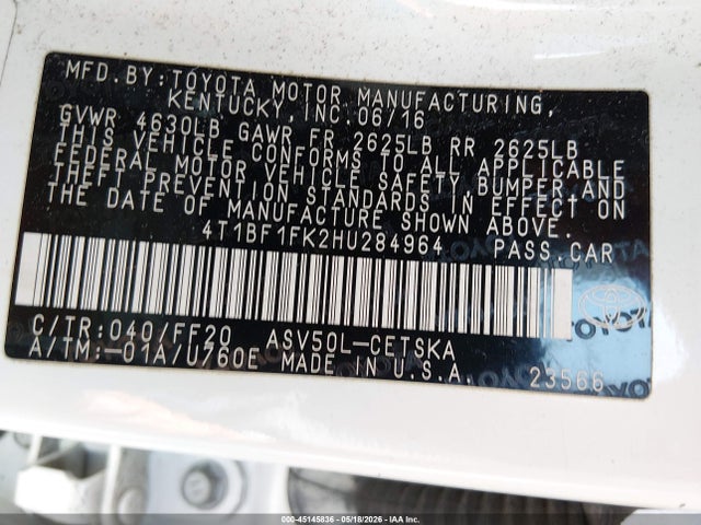 Aukcja sprzedaży 2017 Toyota Camry Se, vin: 4T1BF1FK2HU284964, numer aukcji: 45145836
