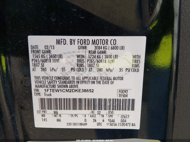 Aukcja sprzedaży 2013 Ford F-150 Xlt, vin: 1FTEW1CM2DKE38652, numer aukcji: 45145840