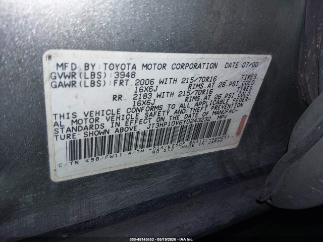 45145852 :رقم المزاد ، JT3HP10V6Y0243232 vin ، 2000 Toyota Rav4 مزاد بيع