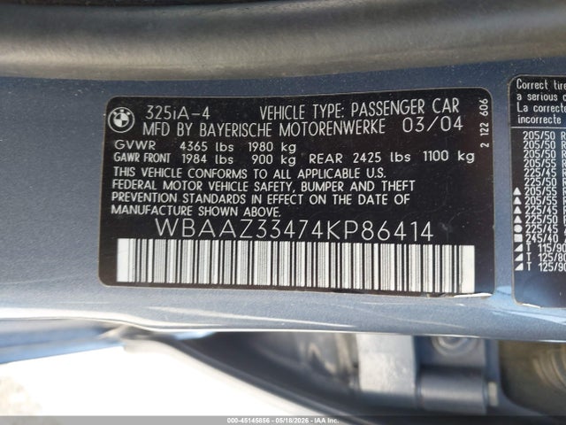 2004 Bmw 325i მანქანა იყიდება აუქციონზე, vin: WBAAZ33474KP86414, აუქციონის ნომერი: 45145856