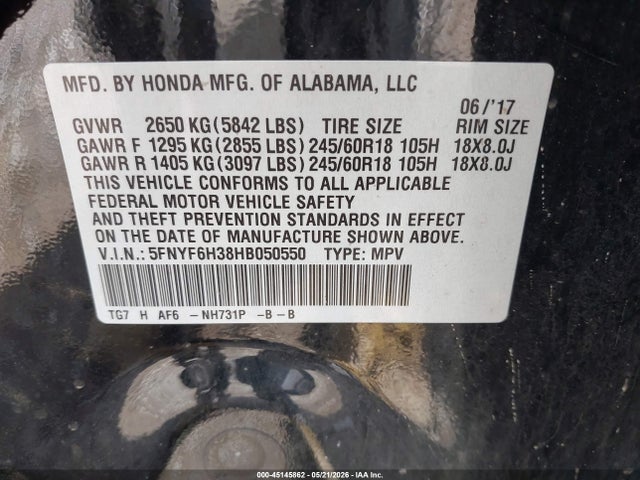 Продаж на аукціоні авто 2017 Honda Pilot Ex, vin: 5FNYF6H38HB050550, номер лоту: 45145862