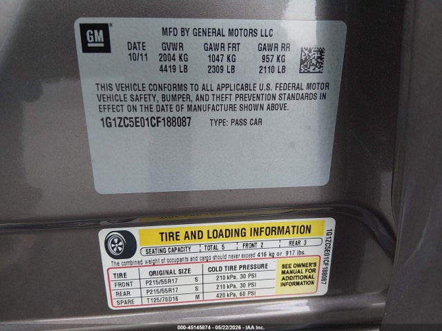 Продаж на аукціоні авто 2012 Chevrolet Malibu 1lt, vin: 1G1ZC5E01CF188087, номер лоту: 45145874