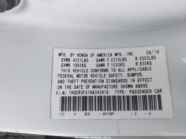 Aukcja sprzedaży 2017 Honda Accord Sport, vin: 1HGCR2F51HA043416, numer aukcji: 45145890