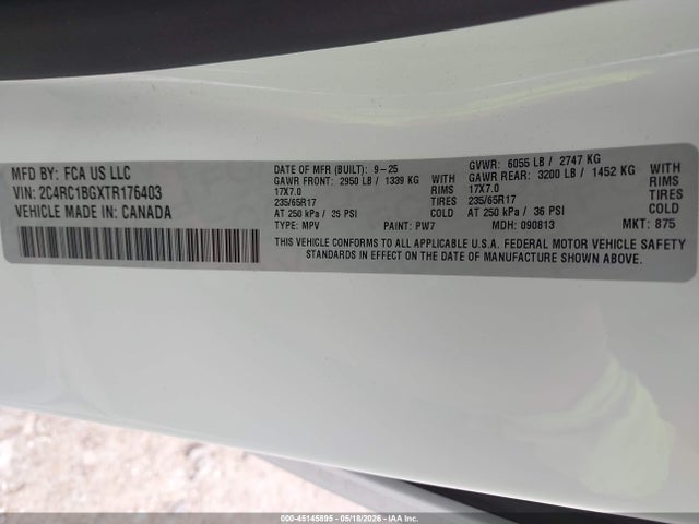 Продаж на аукціоні авто 2026 Chrysler Pacifica Select, vin: 2C4RC1BGXTR176403, номер лоту: 45145895
