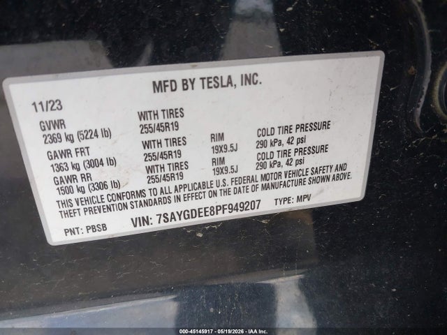 45145917 :رقم المزاد ، 7SAYGDEE8PF949207 vin ، 2023 Tesla Model Y Awd/long Range Dual Motor All-wheel Drive مزاد بيع