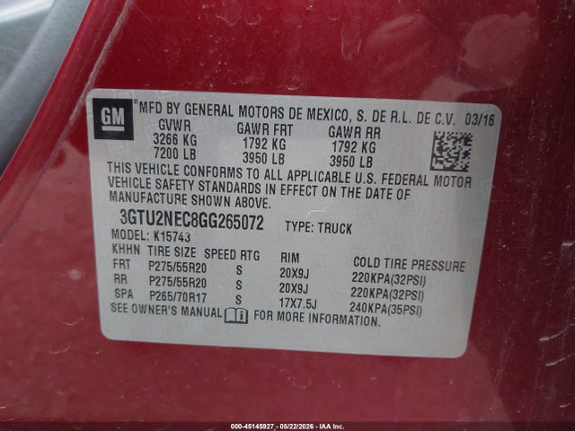 Продаж на аукціоні авто 2016 Gmc Sierra 1500 Slt, vin: 3GTU2NEC8GG265072, номер лоту: 45145927