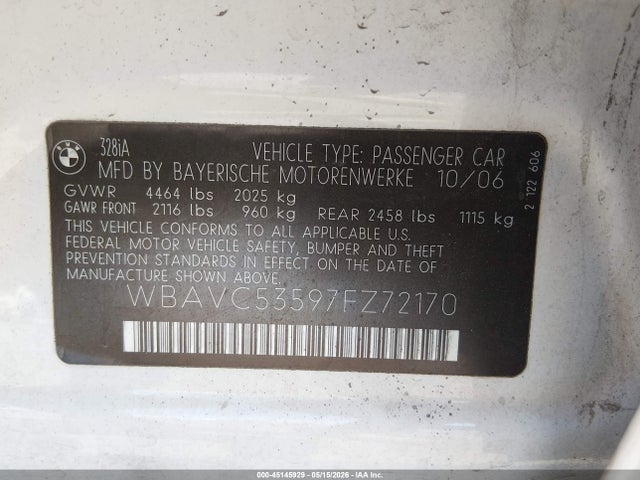 2007 Bmw 328i მანქანა იყიდება აუქციონზე, vin: WBAVC53597FZ72170, აუქციონის ნომერი: 45145929