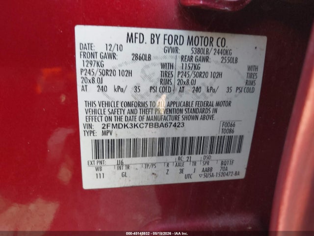 Продаж на аукціоні авто 2011 Ford Edge Limited, vin: 2FMDK3KC7BBA67423, номер лоту: 45145932