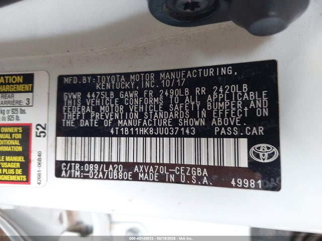 2018 Toyota Camry Xle მანქანა იყიდება აუქციონზე, vin: 4T1B11HK8JU037143, აუქციონის ნომერი: 45145933