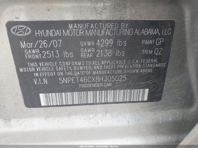 Продаж на аукціоні авто 2008 Hyundai Sonata Gls, vin: 5NPET46CX8H305025, номер лоту: 45145934