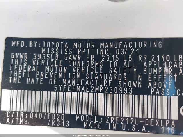 45145935 :رقم المزاد ، 5YFEPMAE2MP230993 vin ، 2021 Toyota Corolla Le مزاد بيع