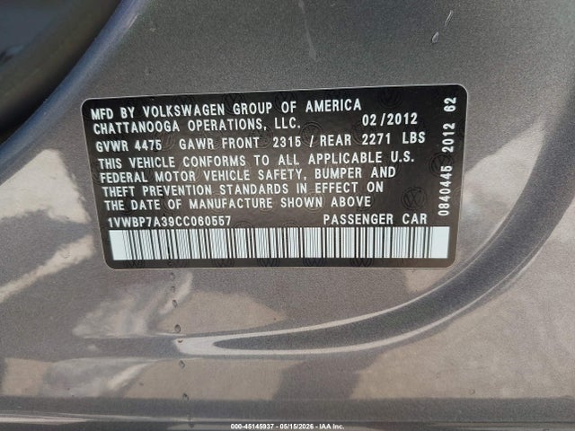 Продаж на аукціоні авто 2012 Volkswagen Passat 2.5l Se, vin: 1VWBP7A39CC060557, номер лоту: 45145937