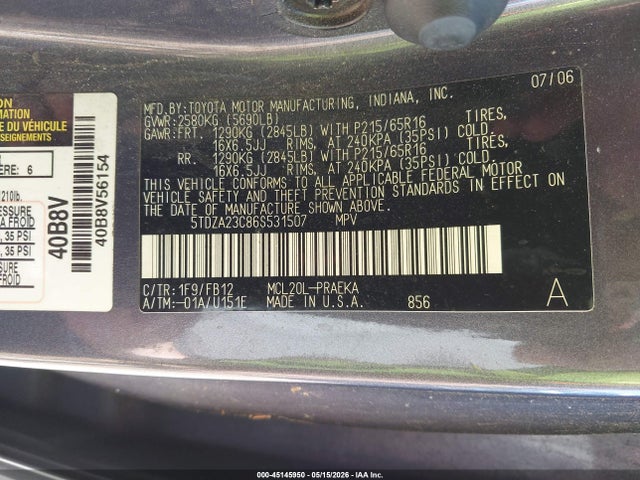 Aukcja sprzedaży 2006 Toyota Sienna Ce, vin: 5TDZA23C86S531507, numer aukcji: 45145950