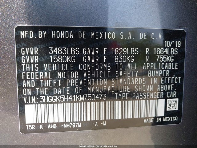 3HGGK5H41KM750473 Honda FIT LX