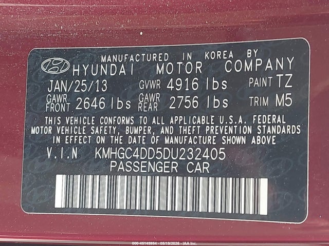 45145954 :رقم المزاد ، KMHGC4DD5DU232405 vin ، 2013 Hyundai Genesis 3.8 مزاد بيع