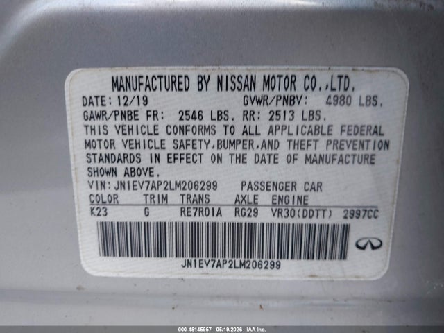 45145957 :رقم المزاد ، JN1EV7AP2LM206299 vin ، 2020 Infiniti Q50 Luxe مزاد بيع