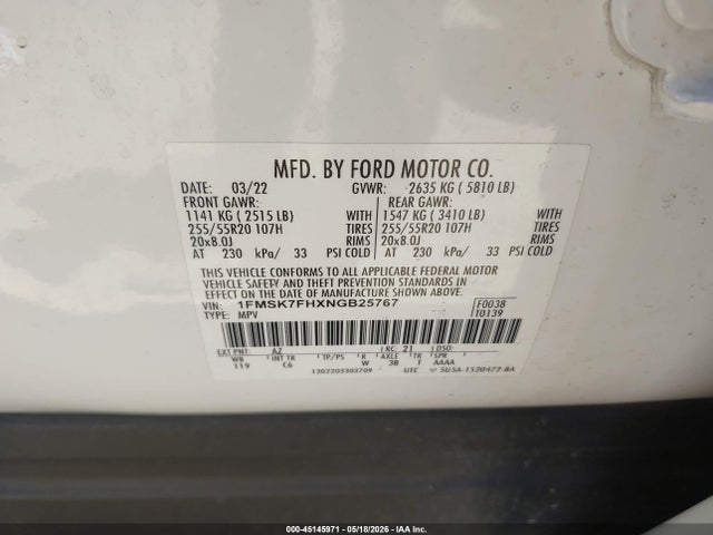 45145971 :رقم المزاد ، 1FMSK7FHXNGB25767 vin ، 2022 Ford Explorer Limited مزاد بيع