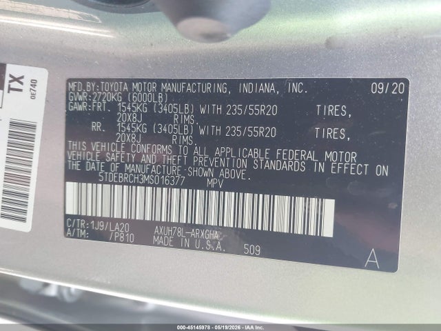 5TDEBRCH3MS016377 Toyota Highlander Hybrid Platinum