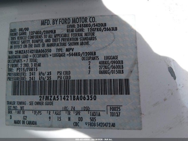 2001 Ford Windstar Lx მანქანა იყიდება აუქციონზე, vin: 2FMZA51421BA06350, აუქციონის ნომერი: 45145986