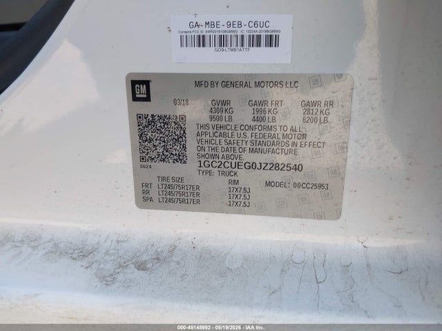 45145992 :رقم المزاد ، 1GC2CUEG0JZ282540 vin ، 2018 Chevrolet Silverado 2500hd Wt مزاد بيع