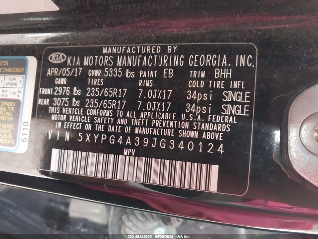 45145995 :رقم المزاد ، 5XYPG4A39JG340124 vin ، 2018 Kia Sorento 2.4l Lx مزاد بيع