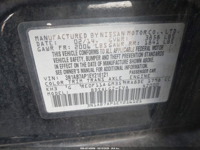 45145998 :رقم المزاد ، 3N1AB7AP1EY216121 vin ، 2014 Nissan Sentra Sl مزاد بيع
