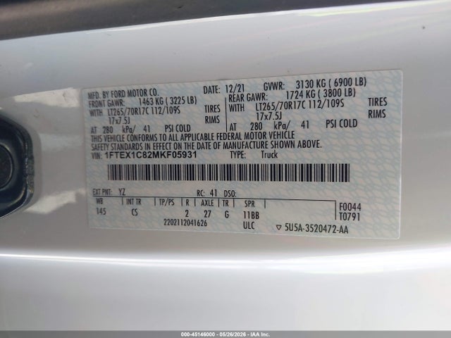 45146000 :رقم المزاد ، 1FTEX1C82MKF05931 vin ، 2021 Ford F-150 Xl مزاد بيع