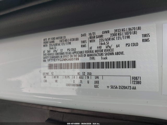 Aukcja sprzedaży 2021 Ford Transit-150, vin: 1FTYE1YG2MKA85199, numer aukcji: 45145999