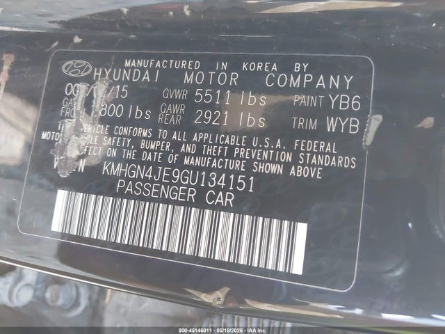 45146011 :رقم المزاد ، KMHGN4JE9GU134151 vin ، 2016 Hyundai Genesis 3.8 مزاد بيع